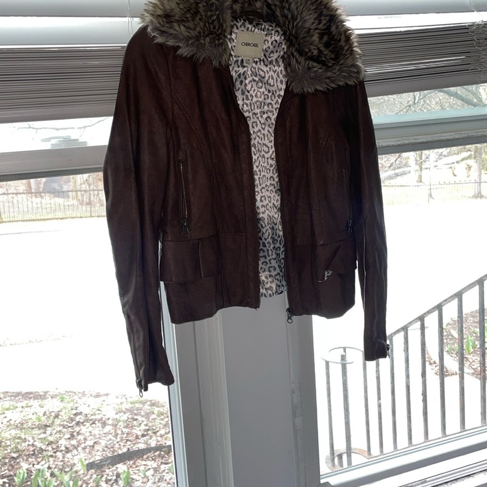 Brown Leather Jacket with Faux Fur Collar